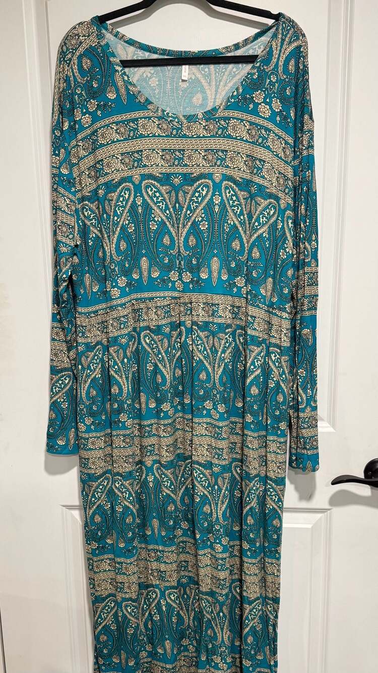 Boho Paisley Maxi Dress Long Sleeve Cottagecore Flowy V Neck Turquoise 6X